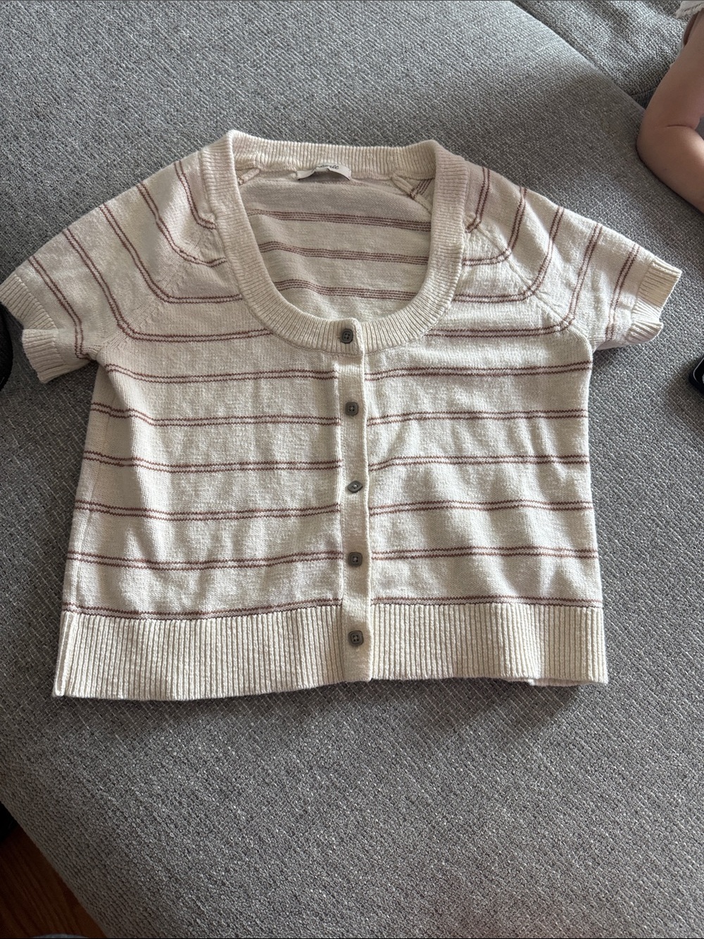 Madewell Cream Short-Sleeve Button Cardigan with Pink Stripes